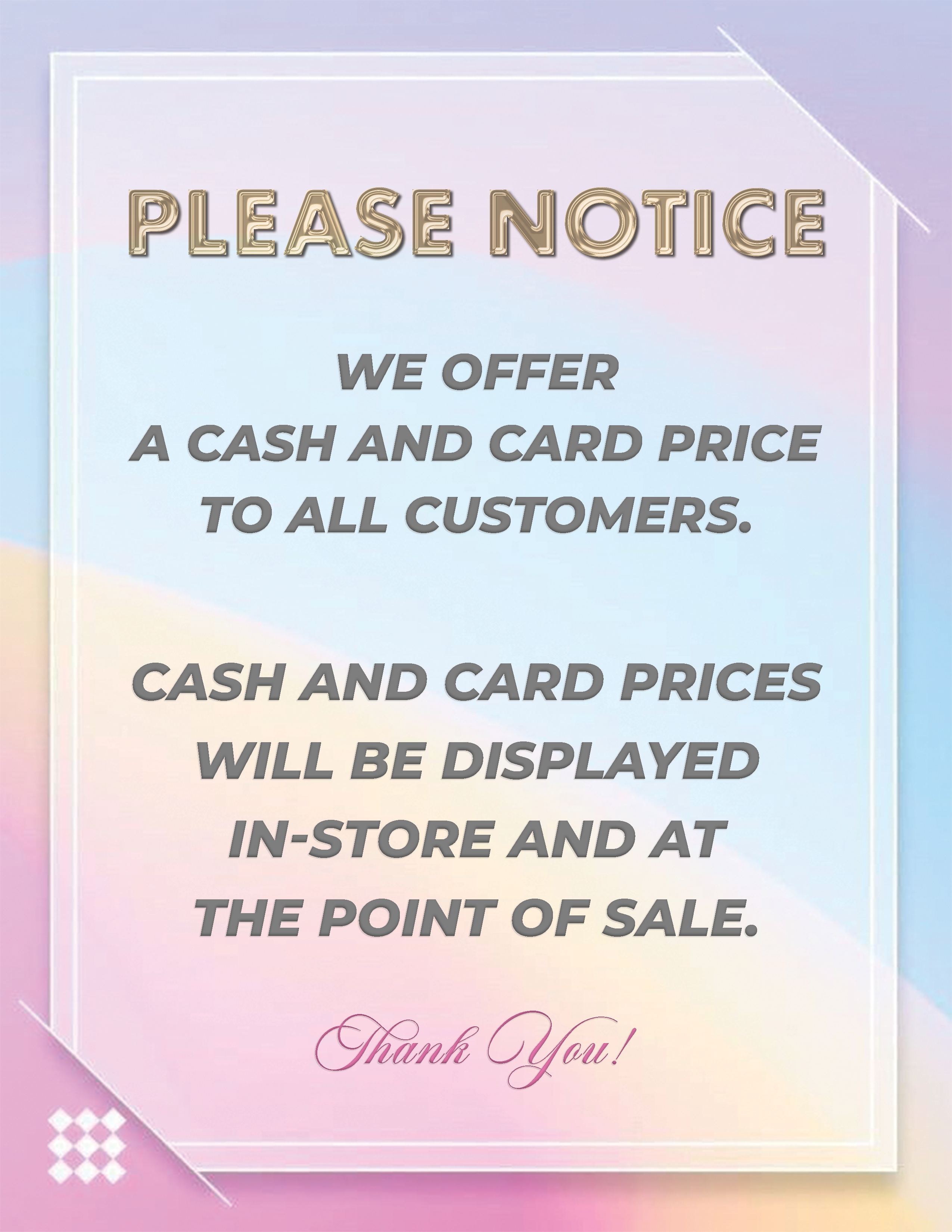 Cash and card prices notice